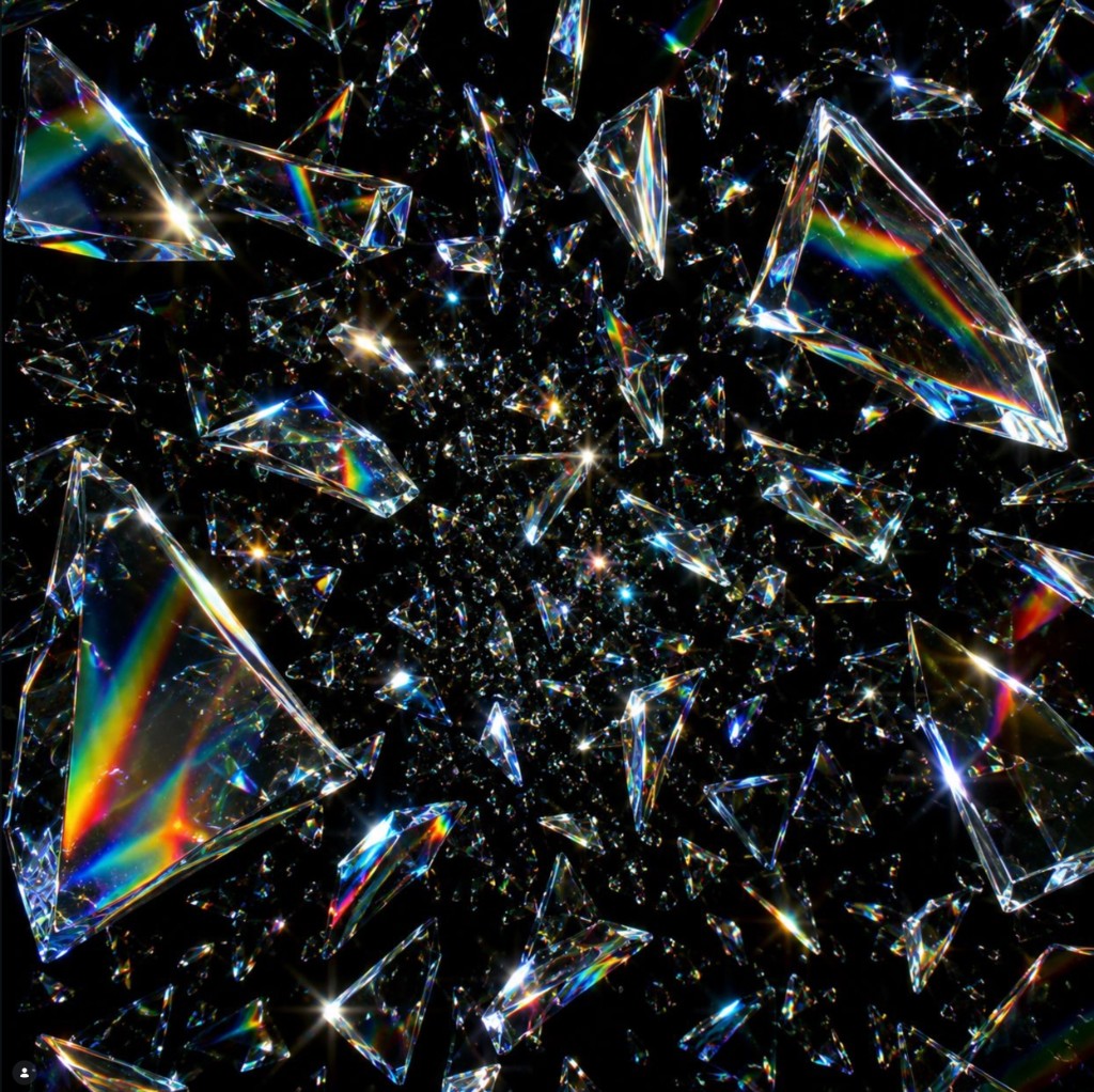 Etude 8 (Glass) — glass shards refracting rainbows against a black void
